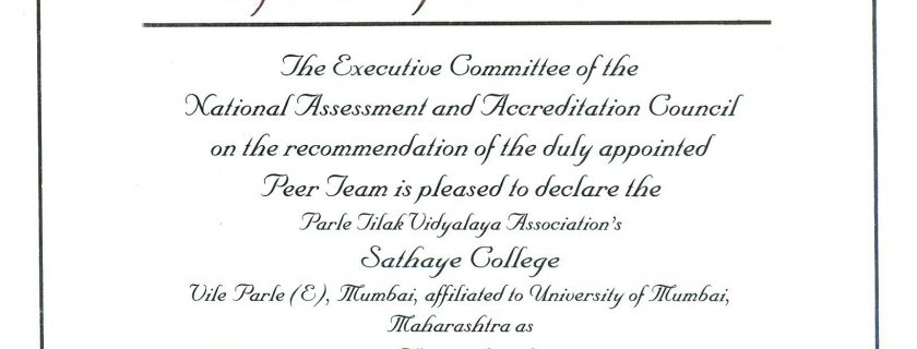 NAAC Certificate – PTVA’s Sathaye College