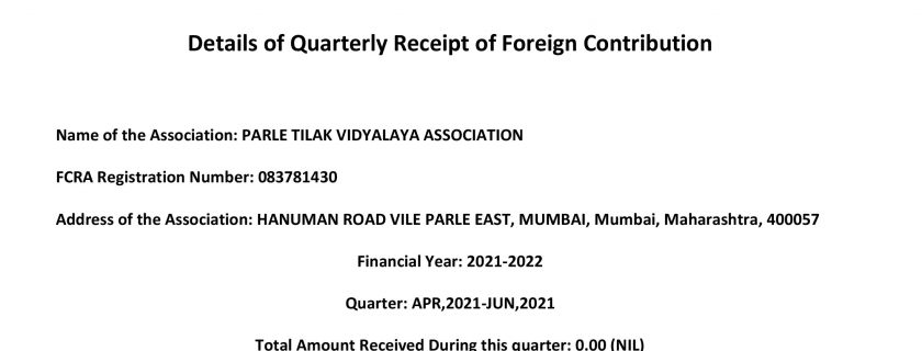 Details of Quarterly Receipt of Foreign Contribution – Quarter: APR,2021-JUN,2021