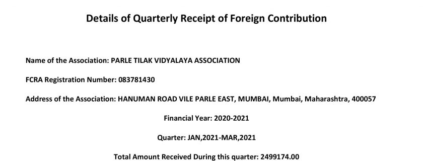 Details of Quarterly Receipt of Foreign Contribution – Quarter: JAN,2021-MAR,2021